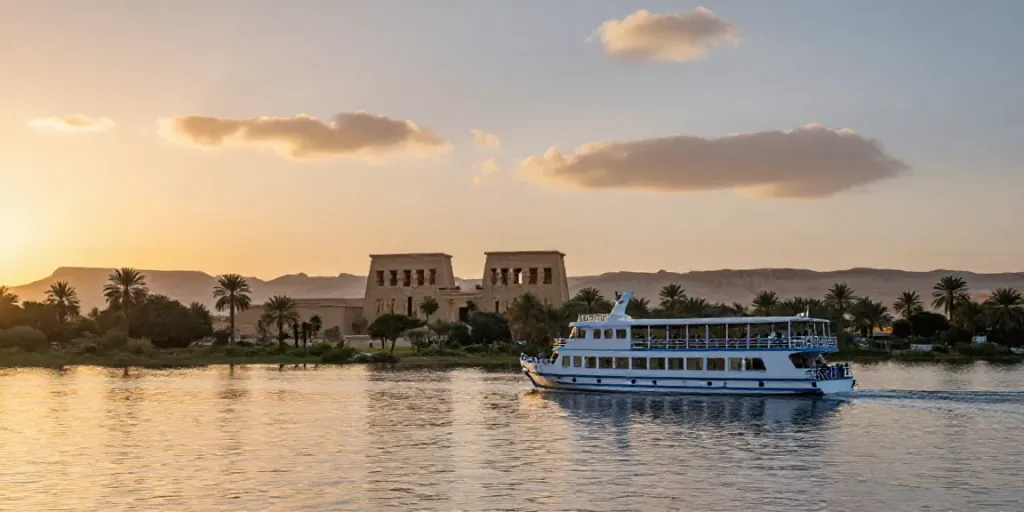 Lake Nasser Cruise glides over tranquil waters at sunrise with ancient temples in the background.