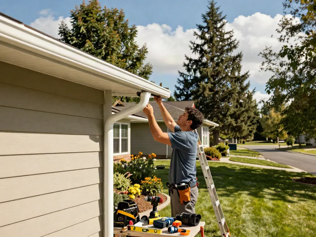 Spokane gutters installation in progress on a suburban home with professional tools and sunny atmosphere.